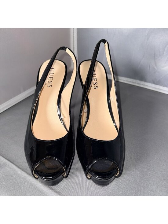 Guess Shoes - Guess WGSEEK-C Black Patent Peep Toe Slingback Platform Pumps Size 6M